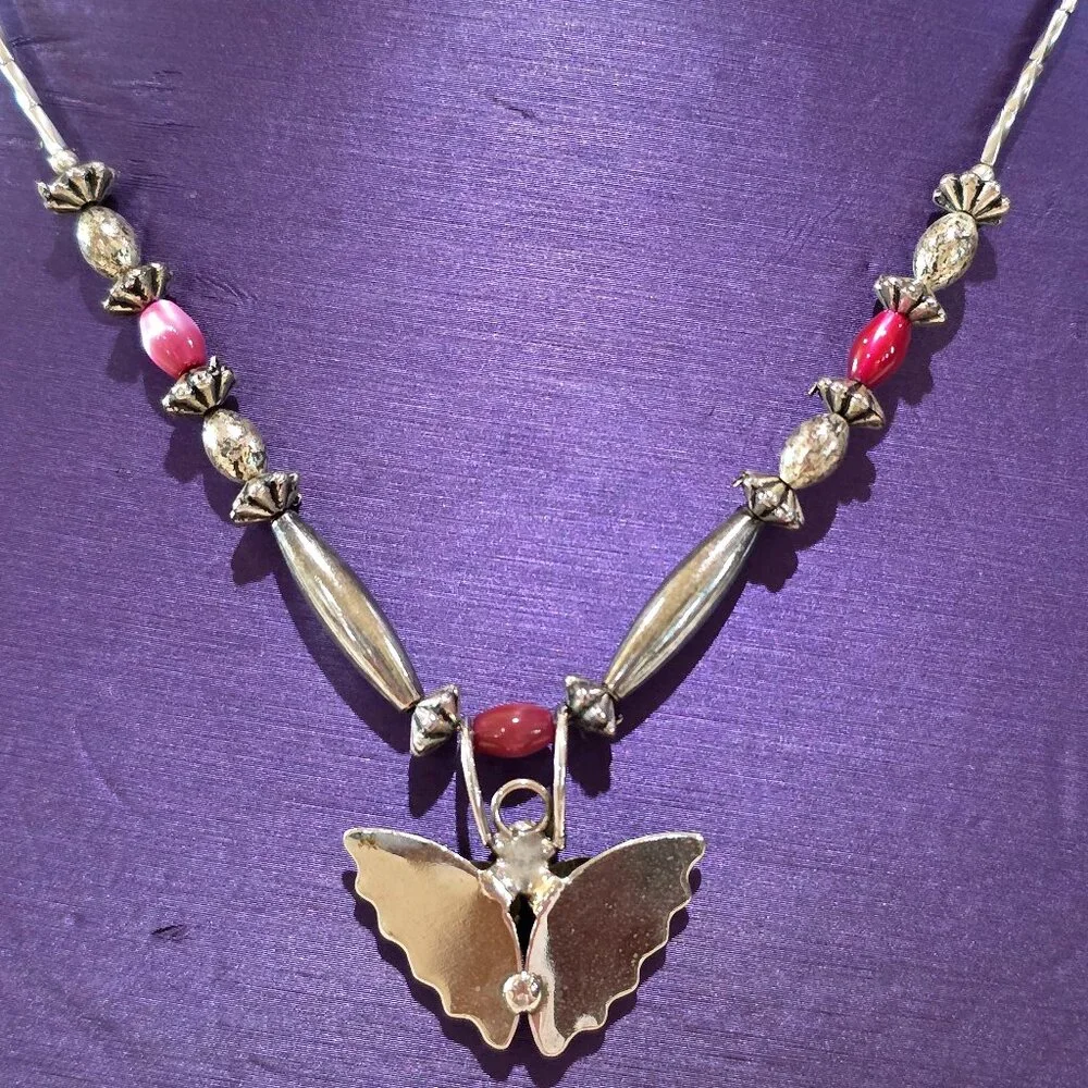 1980's Soutwestern Handmade MOP Butterfly Pendant Pink Silver Beaded Necklace